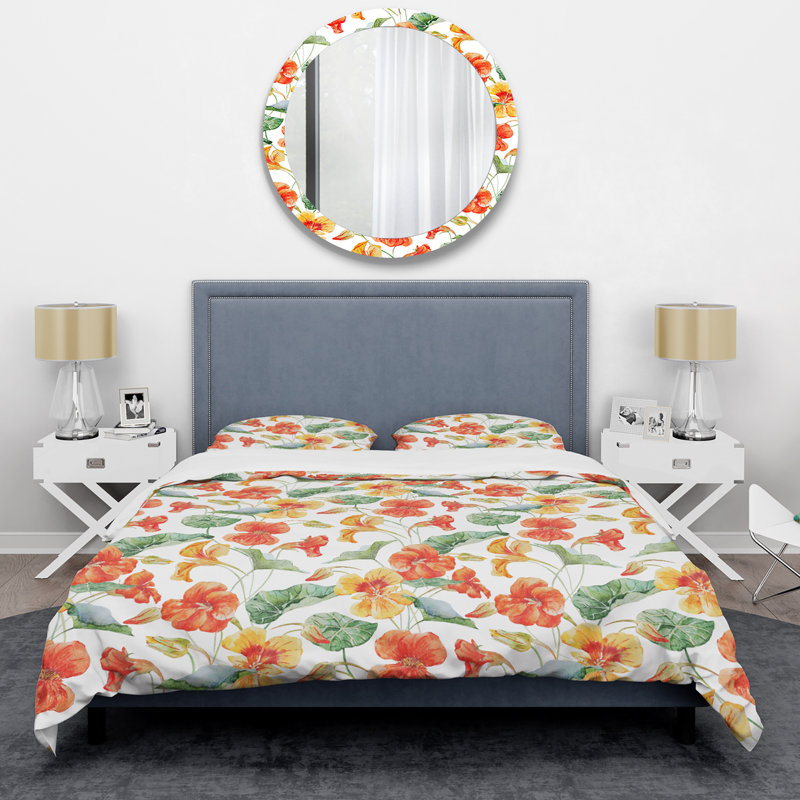 Fleurs orange et jaunes - Ensemble de housse de couette floral - Polyester microfibre
