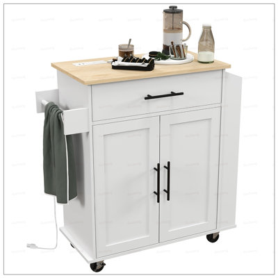 Rolling Kitchen Island with Storage, AC Outlets, USB Ports, and Towel Rack for Enhanced Convenience and Organization
