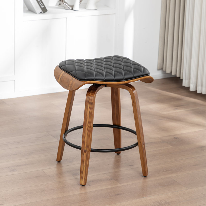 Deering Modern Upholstered Faux Leather 360° Swivel Stool with Curved Wood Legs, Black