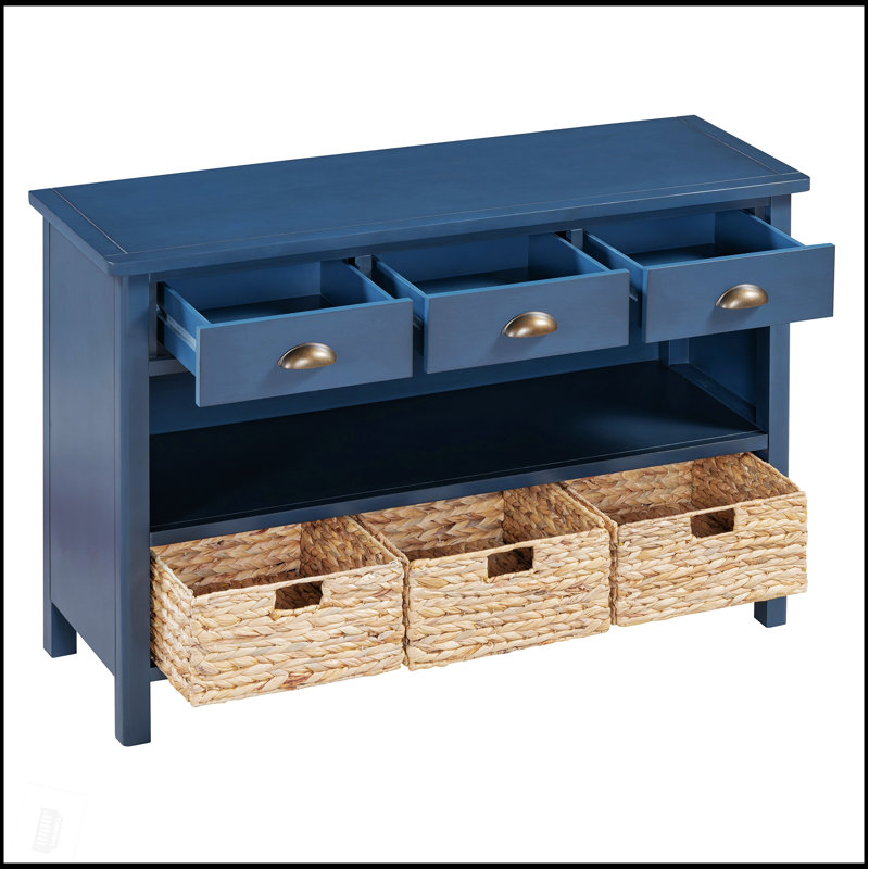 Console rétro avec 3 tiroirs de rangement et paniers tissés, idéale pour le vestibule, le couloir et le salon, Marine