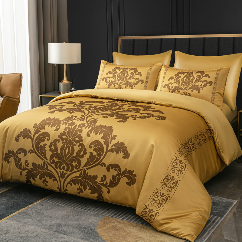 Satin Damask Duvet Cover Set with Pillow Shams, Super King Duvet Cover + 2 Standard Pillowcases