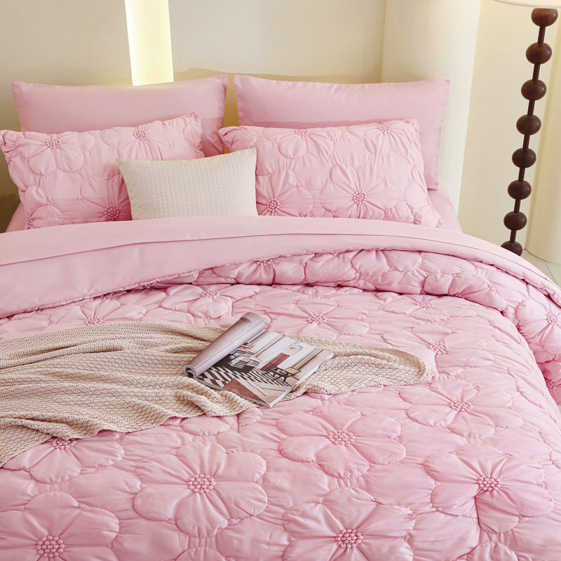 7 Piece Pintuck Pleat Comforter Set,Floral Ruched Bedding Set with Sheets All Season Bed in a Bag, Pink