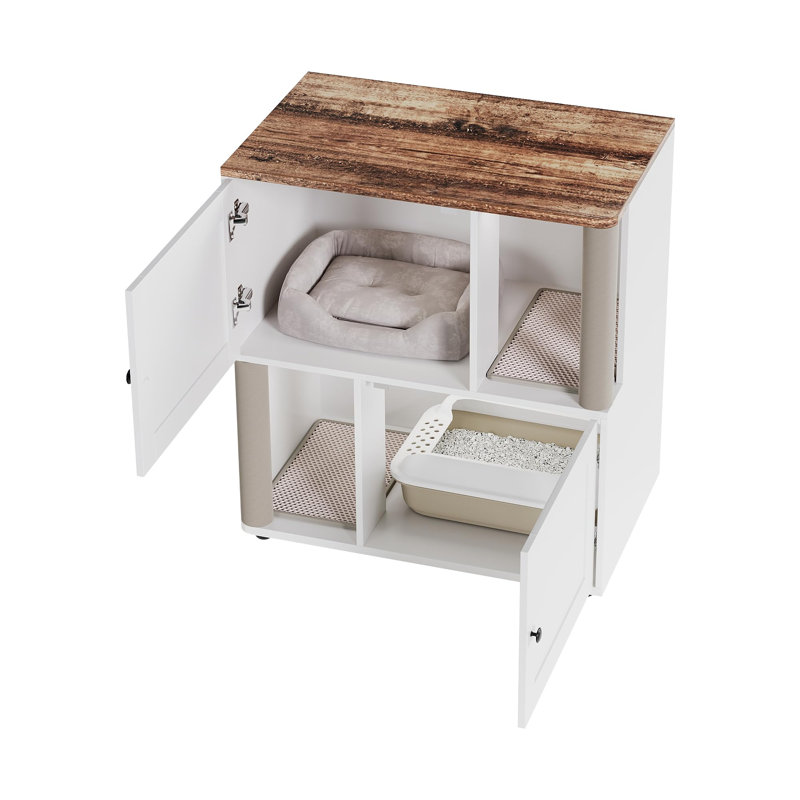 Armoire à litière double 34 po en noyer pour chat 2 couches avec poteau à griffes et conception à l'épreuve des chiens 34 po Layer Basic