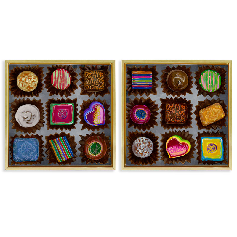 Ensemble de 2 toiles flottantes encadrées gris "Divers chocolat" par Liz Jardine, Cadre flottant métallique doré