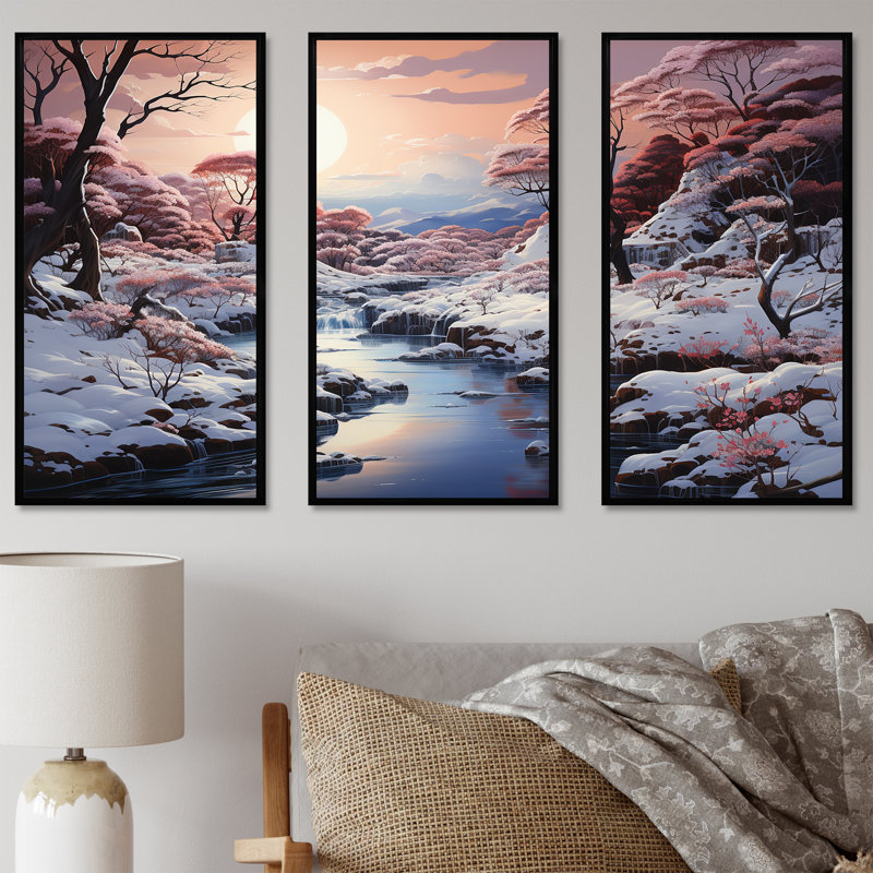 Ensemble de salon Kawaii Winter Landscape Sunrise - Snow Wall Art, Cadre flottant noir, H 28 po x l 36 po x P 1 po