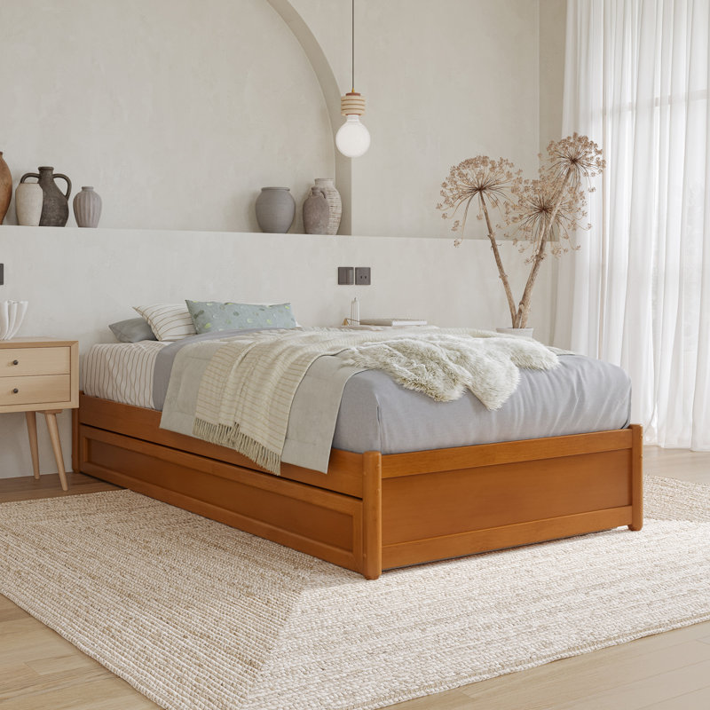 Lit plateforme en bois massif avec lit gigogne assorti Lamariah, Très grand simple, Caramel clair