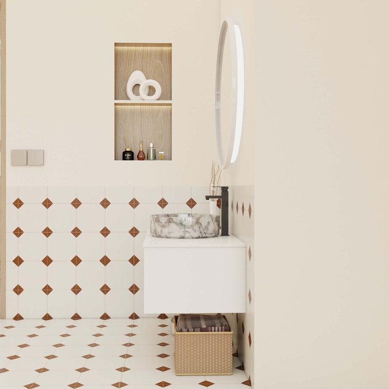 Meuble-lavabo flottant peu encombrant avec lavabo vasque en marbre et tablette ouverte, 35"