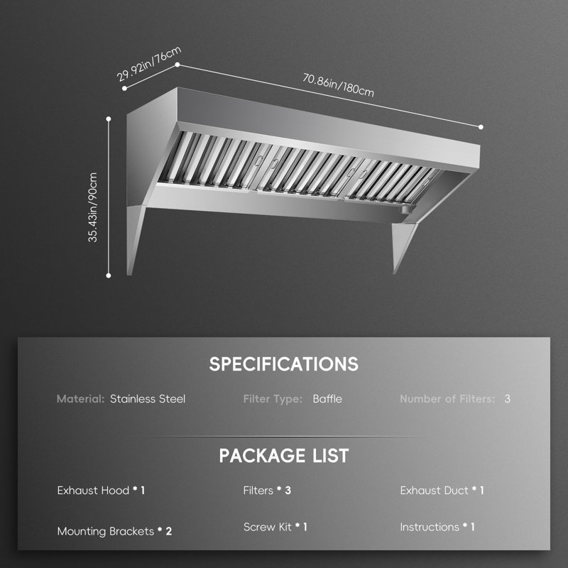 Commercial Exhaust Hood Rust Resistant Vent Hood 201 Stainless Steel Concession for Kitchen Restaurant with 2 Detachable U-shaped Grid Oil Filter Mesh