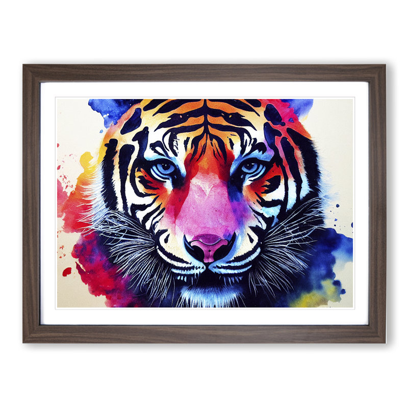 Tiger In Colour - Single Picture Frame Print, 34cm H x 46cm W x 2cm D, Walnut Framed