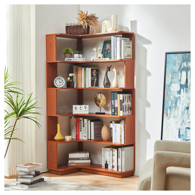 90cm (35.43") extended size 5-Tier Freestanding L-Shaped Corner Bookshelf For Living Room, Bedroom, home office Wooden Bookcase with anti-drop panel a