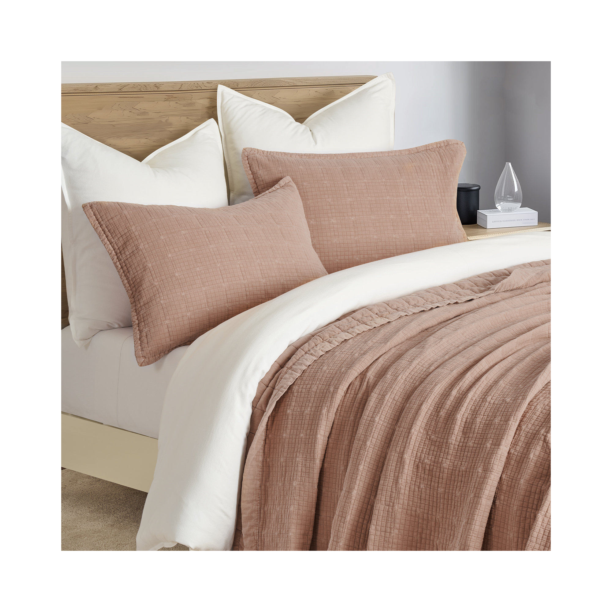 Stonewashed Crinkle Cotton Box Stitch Quilt Set, Queen Quilt + 2 Queen Shams, Terracotta Clay