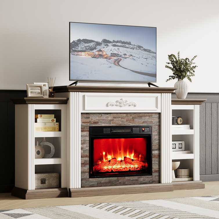 72" Electric Fireplace With Mantel, Fireplace Tv Stand For Tvs Up To 80 Inch, Entertainment Center With Storage, Realistic Stacked Stone Surround With Remote Control For Living Room
