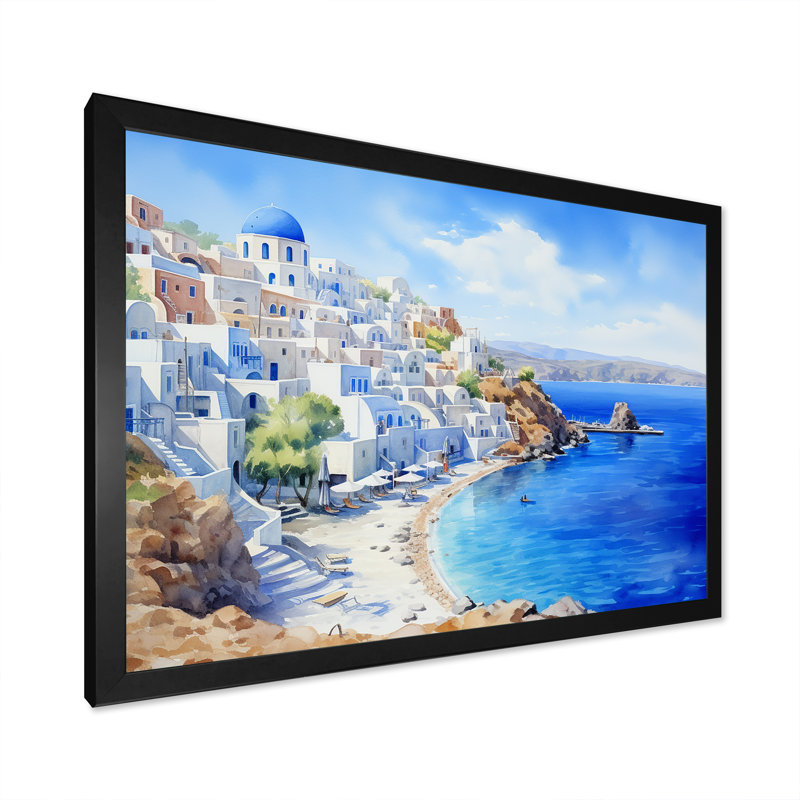 Grèce, Santorini, vue côtière III - Grèce, art mural,  H 24 po x l 32 po x P 1 po, Cadre flottant brun