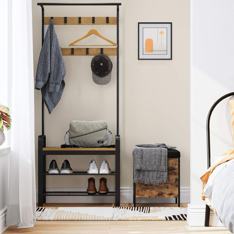 Coat Rack, Hall Tree With Shoe Bench For Entryway, Entryway Bench With Coat Rack, 4-In-1, With 9 Removable Hooks, A Hanging Rod, 13.3 X 28.3 X 72.1 Inches, Honey Brown And Black UHSR040B05