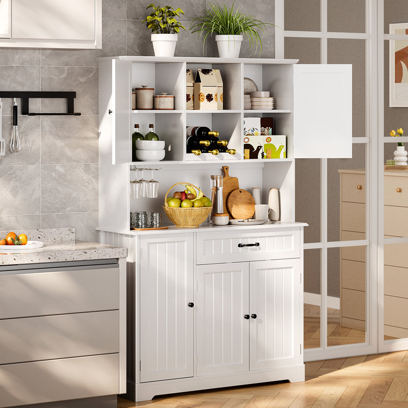 67" Classic Farmhouse Kitchen Pantry with Microwave Shelf, Drawer, Cabinet & Wine Rack