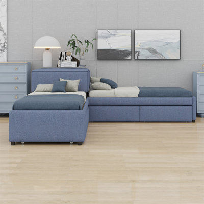 L-Shaped Upholstered Platform Bed With Trundle And Two Drawers Linked With Desk