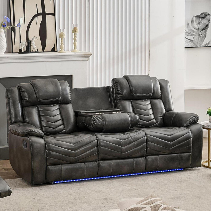 85'' Reclining Sofa Couch With Wireless Charger And Led Lights, Gray