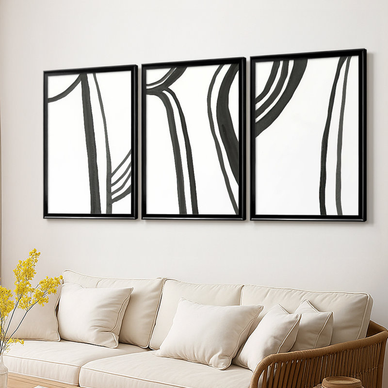 «Ink Lines I» - Toile tendue avec châssis sur mesure - 3 pièces, H 21 po x l 30 po