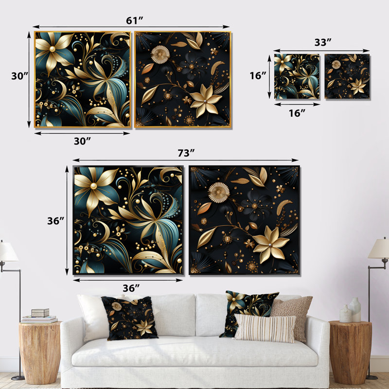 Hadleigh - Ensemble de 2 impressions sur toile florales, Cadre noir, H 16 po x l 33 po x P 1 po