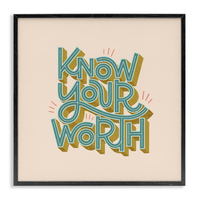 «Know Your Worth Green» sur toile beige encadrée, design par Sarah Hickman
