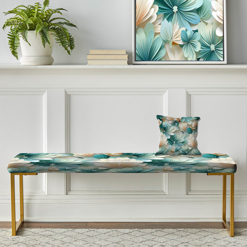 Banc floral rembourré or, Escapade côtière blanche et verte I