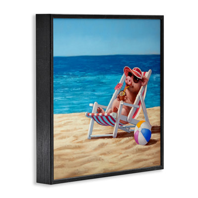 Pig with Beach Cocktail Framed Giclee Art by Lucia Heffernan