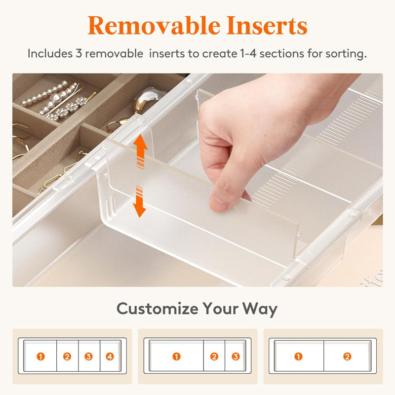  Plateaux de rangement coulissants avec tiroirs de maquillage avec insertions, cloison de tiroir de bureau suspendue extensible, plateau de rangement en plastique de 14 à 23 po de long / 1,8 po de hauteur dans le meuble-lavabo / salle de bain / bureau / 