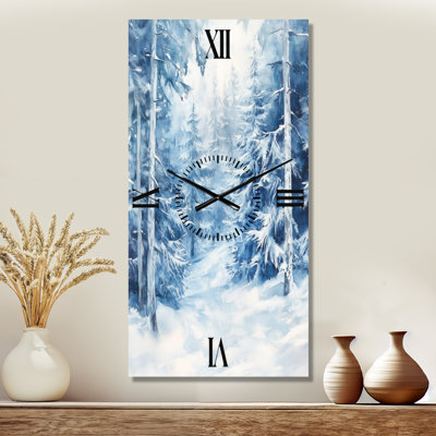 Pins d'hiver sous la neige - Horloge murale en métal silencieuse de style chalet