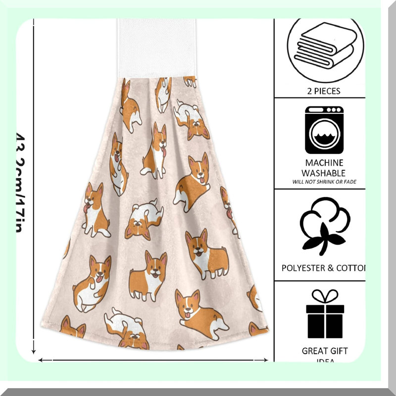 Corgi Charm Kitchen Towels - 2 Pack Soft Cotton Absorbent Hand Towels with Hanging Loop for Kitchen, Bathroom, Gym, Restaurant, Hotel, BBQ - Machine Washable Dishcloths Set