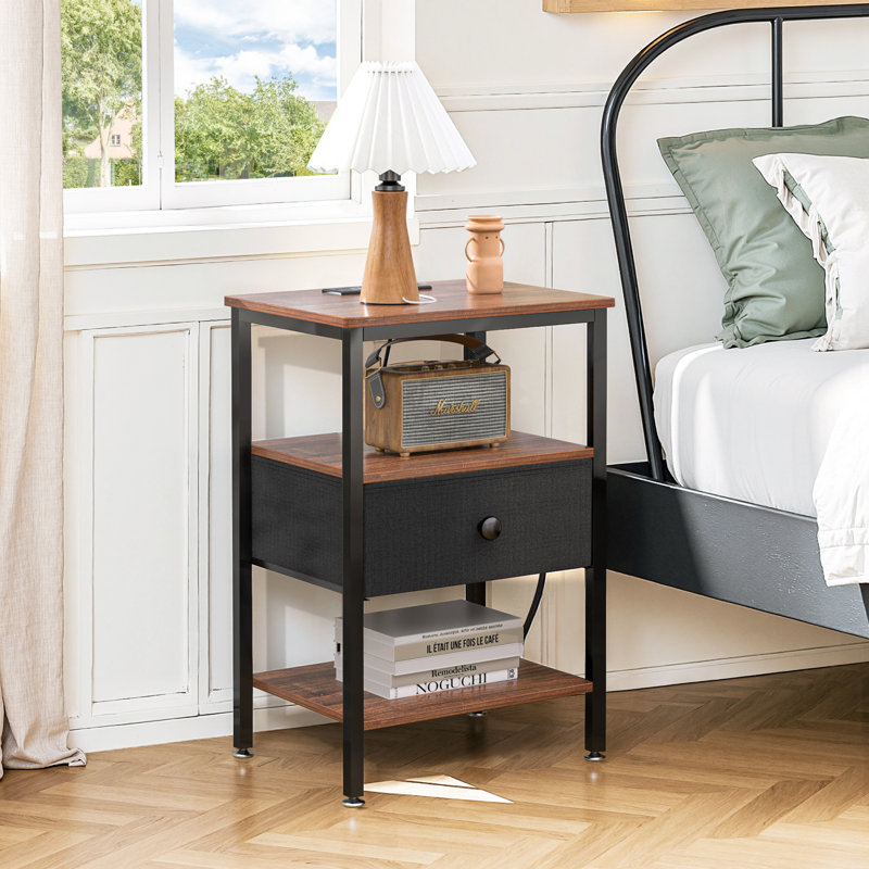 End Table With Charging Station, Slim Nightstand With Fabric Storage Drawer, Wood Side Table For Small Space, Living Room, Bedroom