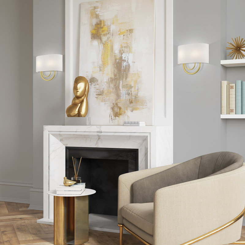 2 Light Bronze Large ADA Sconce With Hand Crafted Off-White Fabric Shade, Soft Gold