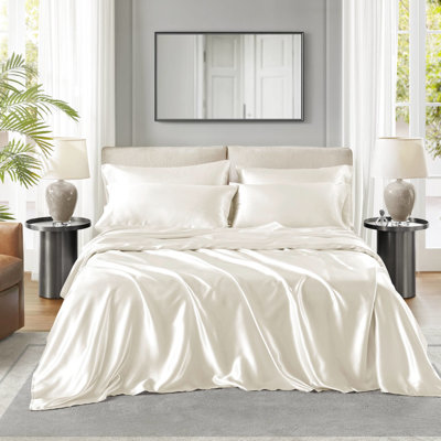Drap-housse pour lit simple 100% satin 4 pièces - froissé, texture lisse, doux pour la peau et les cheveux, frisottis apprivoisés, réduire les bris de cheveux, ajustement luxueux pour les matelas de 16 po, peau douce, aide avec