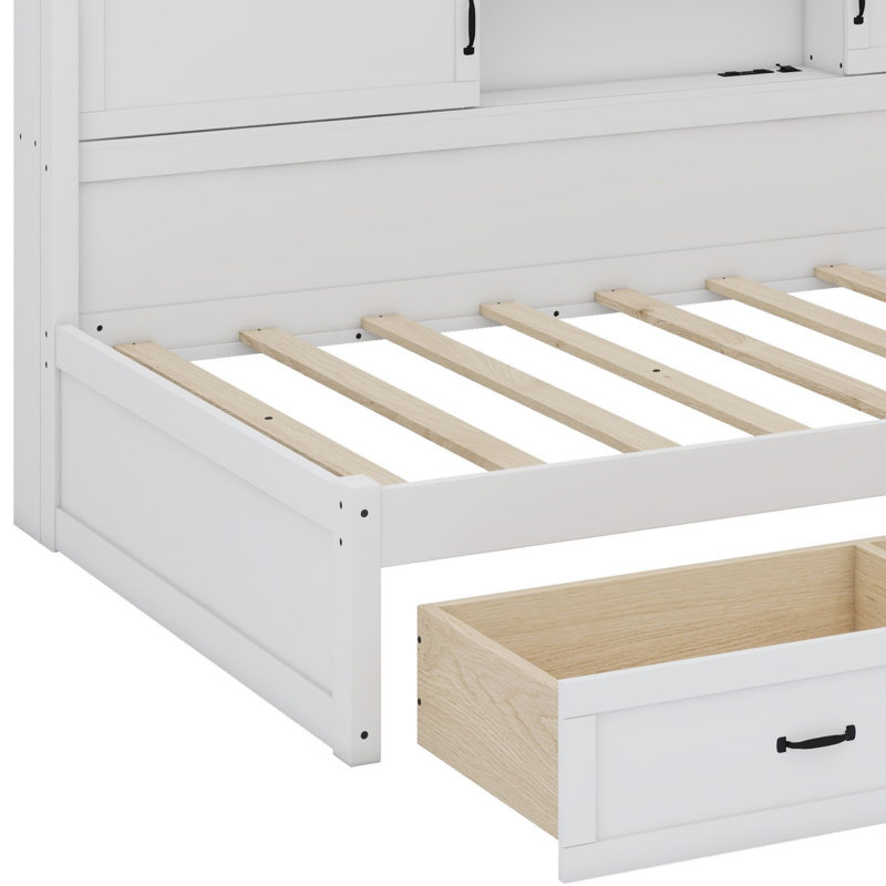 Structure de lit en L avec tiroir et bibliothèque, lit d'angle en bois avec éclairage à DEL et port USB, Lit simple