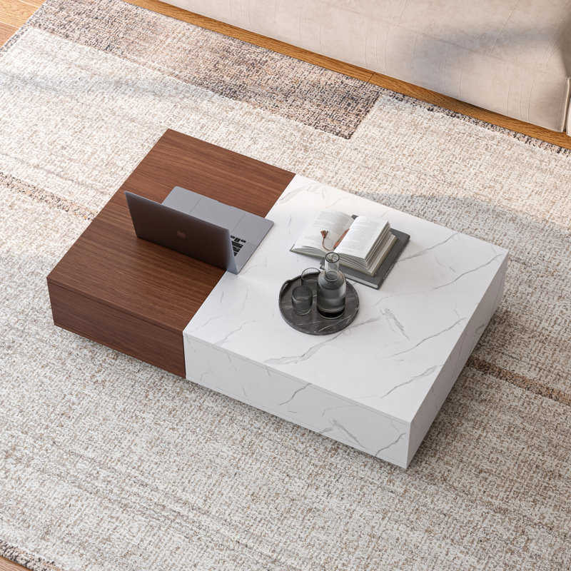 Modern Style Coffee Table With Two Storages In Rectangular Marble Storage Spaces Walnut Design