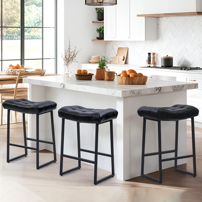 24" Modern Backless Saddle Counter Height Bar Stools With Metal Frame for Kitchen Island, Black Seat/Black Frame