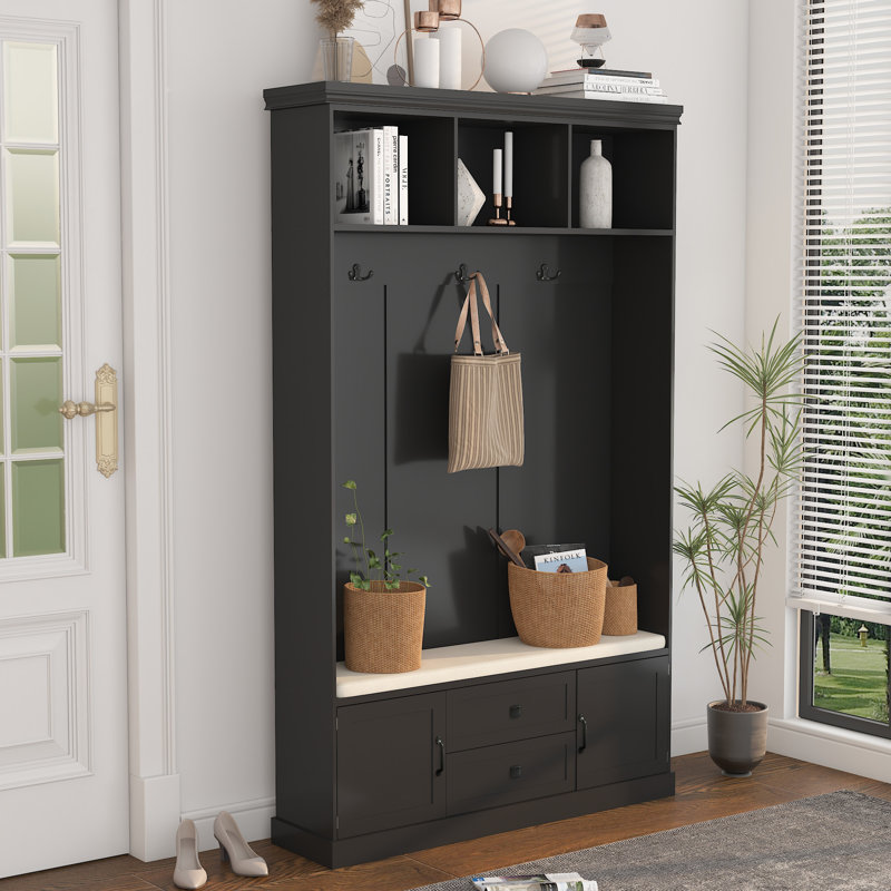 Rafkind Hall Tree with Bench  with 3 Hooks , Coat Hanger, Entryway Bench, Storage Bench, 3-in-1 Design, Black