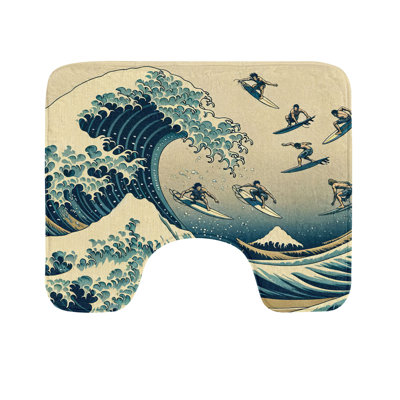 Ukiyo-e Wave Toilet Mat U-Shape Bathroom Rug 20" Navy Blue Ivory Seafoam
