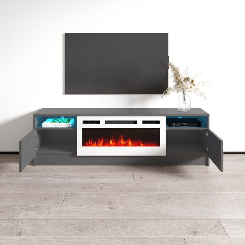 63" Modern TV Stand with Electric Fireplace, High Gloss Finish, Media Storage, Gray