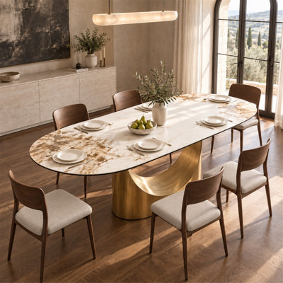 Table de salle à manger ovale moderne avec plateau en pierre frittée et pieds en forme de U pour 8 à 10 personnes, idéale pour la cuisine et le salon.