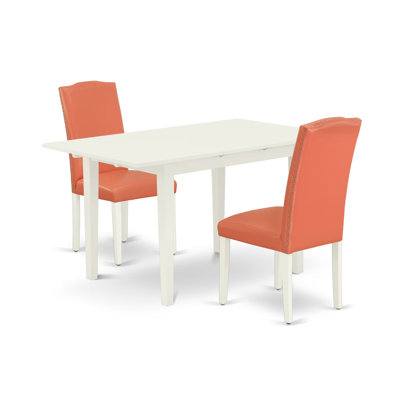 Ensemble de salle à manger 3 pièces comprenant une table de cuisine rectangulaire avec rallonge papillon et 2 chaises rembourrées en similicuir rose flamant, 81 x 137 cm, blanc lin