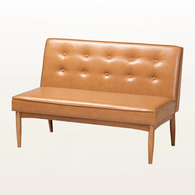 Banc Imre avec revêtement en similicuir brun clair et bois au fini noyer, H 31,6 po x l 73,25 po x P 53,25 po