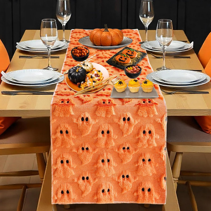 Halloween Ghost Table Runner 13×72 in, Soft Plush Table Cloth Spooky Fall Dining Kitchen Party Indoor Decoration (Orange)