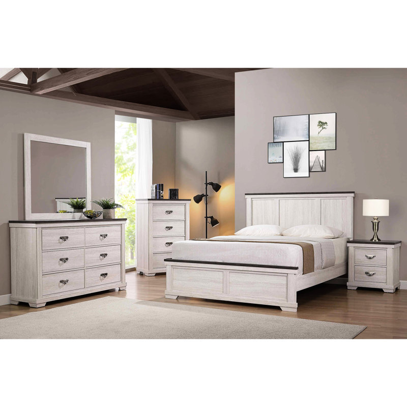 Commode de chambre à finition beige, quatre tiroirs, gris rustique contemporain + poignée de tiroir en métal blanc