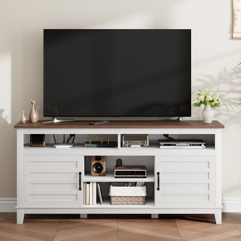 63" Farmhouse TV Stand for 65" TVs, Entertainment Center with Adjustable Shelves & Cabinet Doors for Living Room, White