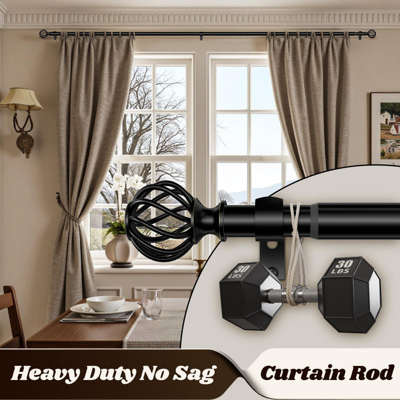 Tringle à rideaux pour fenêtre 48-90 pouces (4-7.5Ft), tringle à rideaux décorative noir mat réglable, tringle à draperie robuste de 1 pouce pour le salon, la cuisine et la chambre à coucher