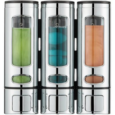 Distributeur de shampooing et revitalisant mural - 400 ml x 3 chambres - sans perceuse (argent)