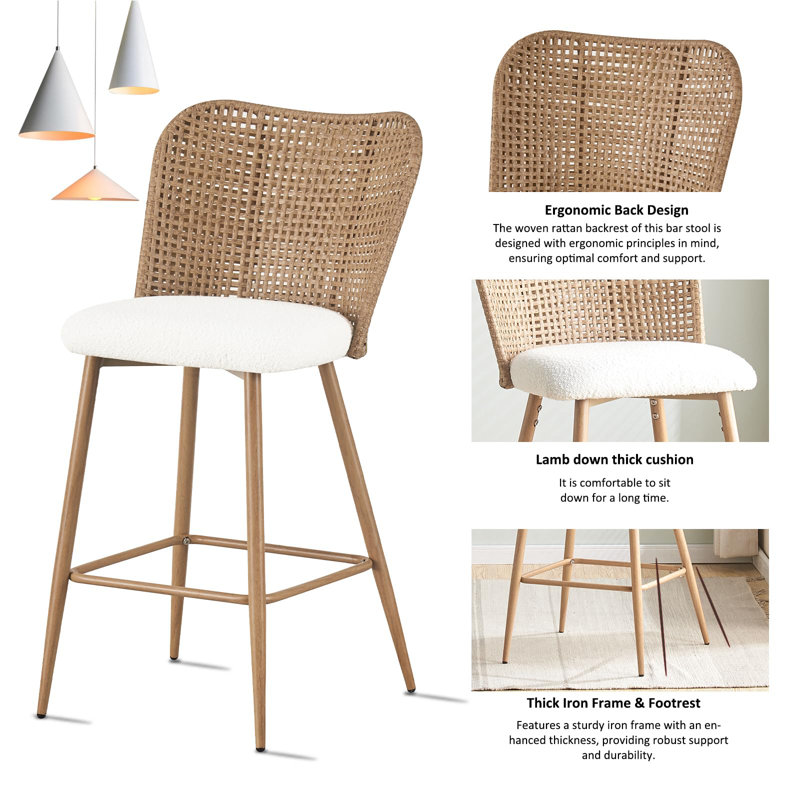 Counter Height Bar Stools Set Of 2,Rattan Bar Stools Set Of 2, 26 Inch Seat Height Wicker Bar Stools Set Of 2, PE Rattan Counter Stool With Metal Legs,Counter Stool Chairs For Patio Balcony Garden