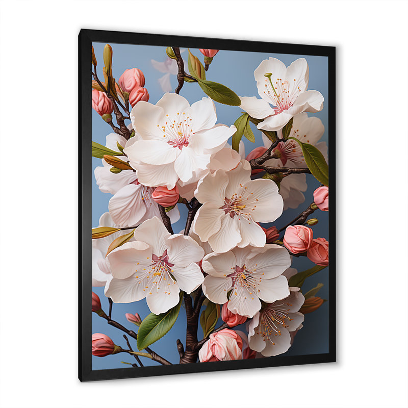 Fleurs de cerisier blanc à la fin de l'hiver - Art mural cerisier en fleurs, Cadre simple noir, H 20 po x l 12 po x P 1 po