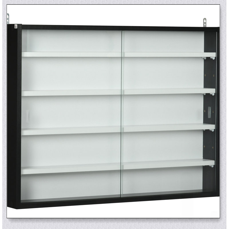 Vitrine murale en verre à 5 niveaux avec tablettes réglables et 2 portes, parfaite pour mettre en valeur des objets de collection et décoratifs.