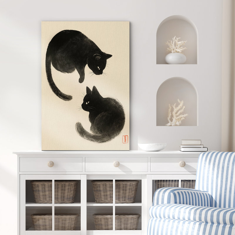 Minimaliste chats noirs dans un style pinceau sur fond beige - impression sur toile encadrée, H 24 po x l 16 po x P 1,5 po